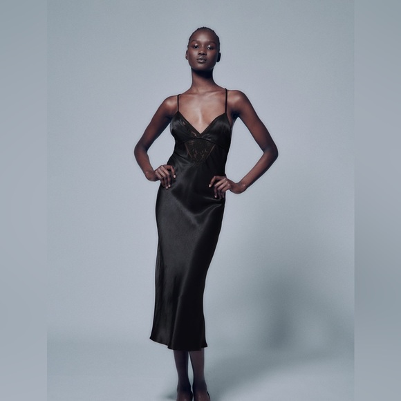 Zara satin and lace camisole slip midi dress black m nwt open back - Picture 1 of 2